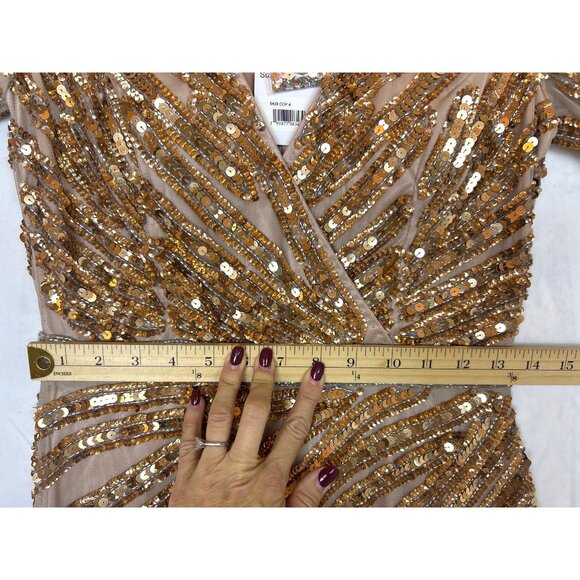 Mac Duggal Gold Copper Evening Gown V-Neck Sequins Long Sleeve Wedding Formal - Picture 8 of 15